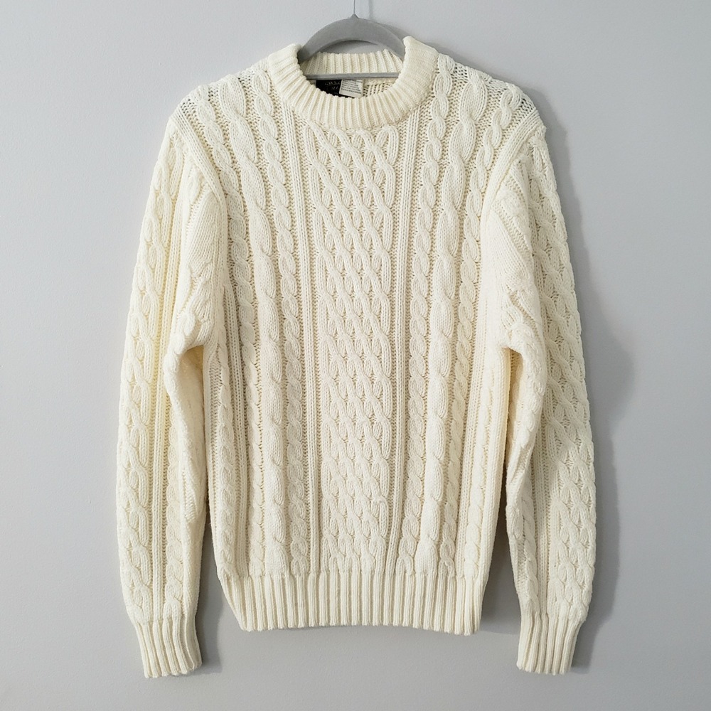 Vintage Women Preppy Cableknit Sweater Size L Fisherman Old Money Heritage Ivory